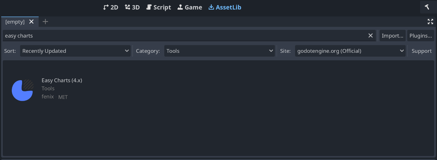 Screenshot of the Godot Asset Library showing the godot-engine.easy-charts addon