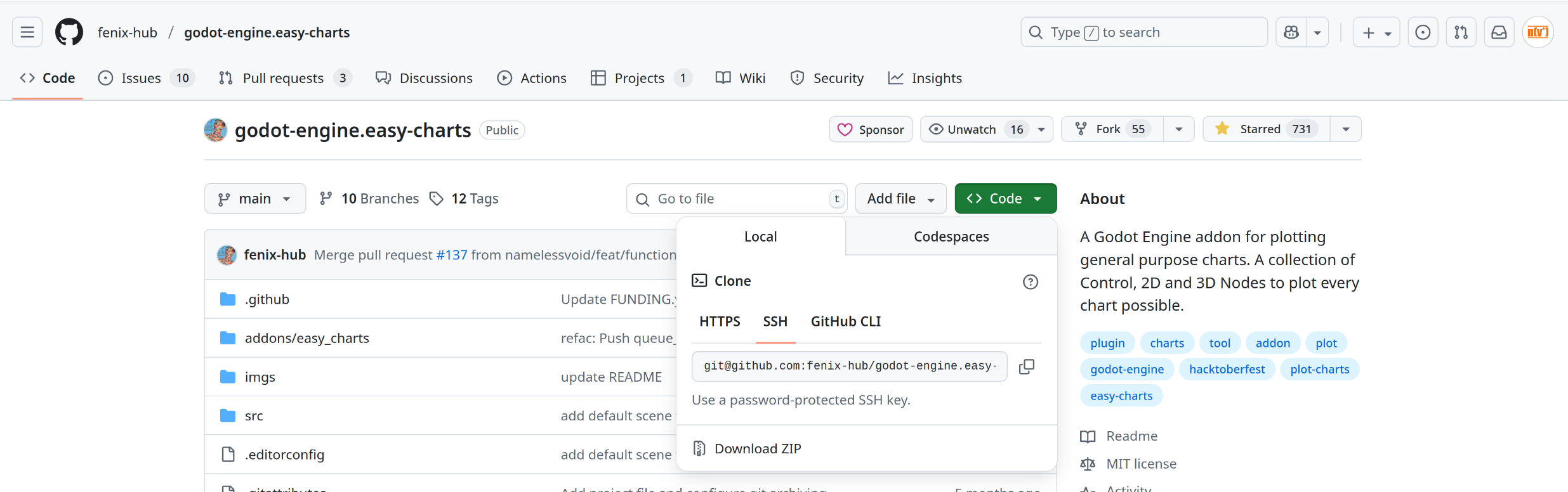 Screenshot showing how to download the latest version of godot-engin.easy-charts addon via GitHub